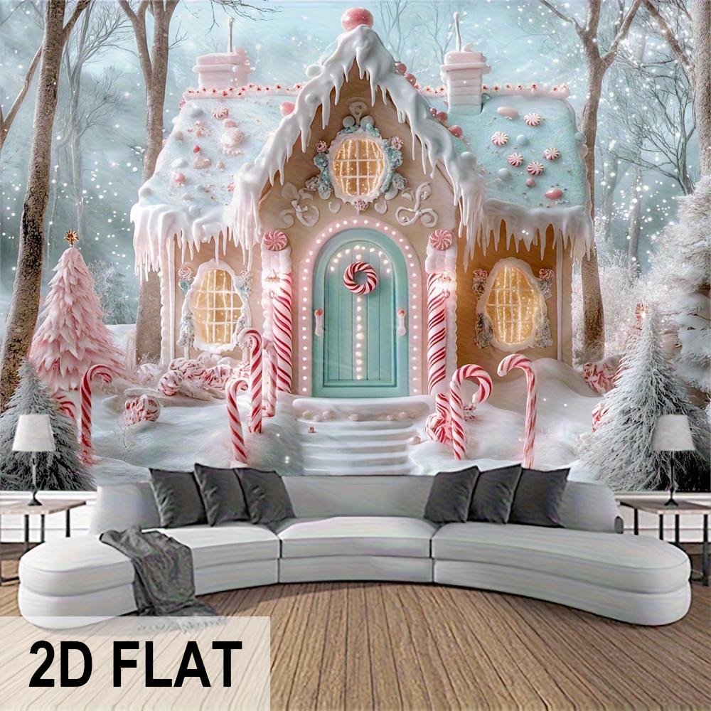 Gingerbread House Tapestry Snow View Candy Tree House Warm Light Window Children's Room Theme Room Decoration