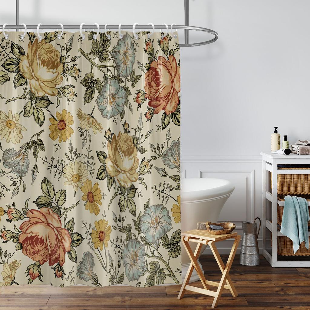 1PC Retro Flowers Pattern Printed Shower Curtain, Waterproof and Washable, with 12 Hooks, Suitable for Bathroom Showers, Bathtu