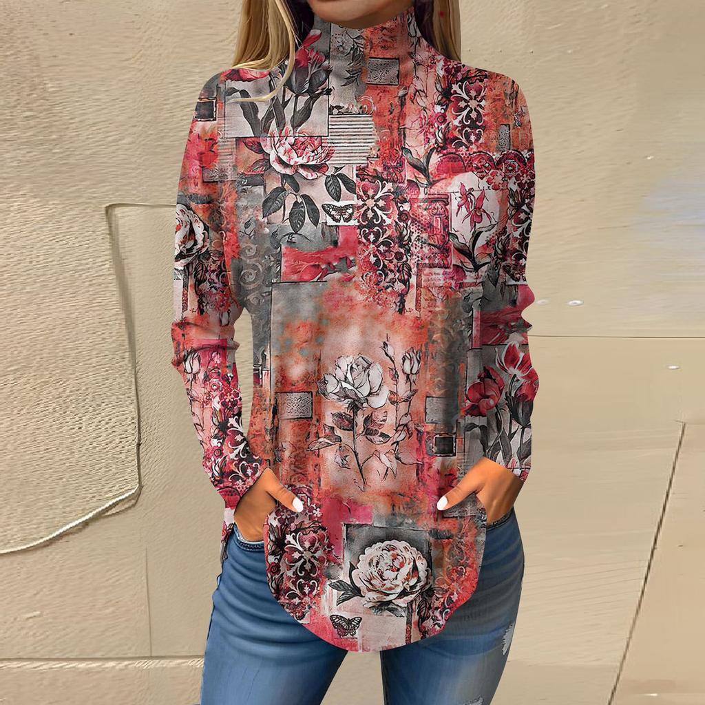 Женская модная повседневная футболка с длинным рукавом с высоким воротом и принтом, пуловер, топ