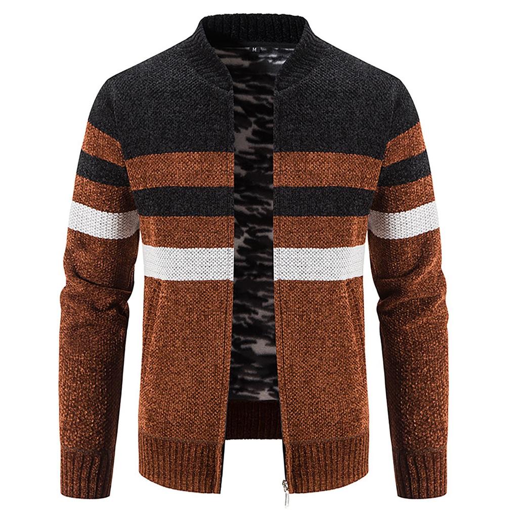 Color Blocked Cardigan Sweater Men's Plush Thickened Casual Knitting Coat