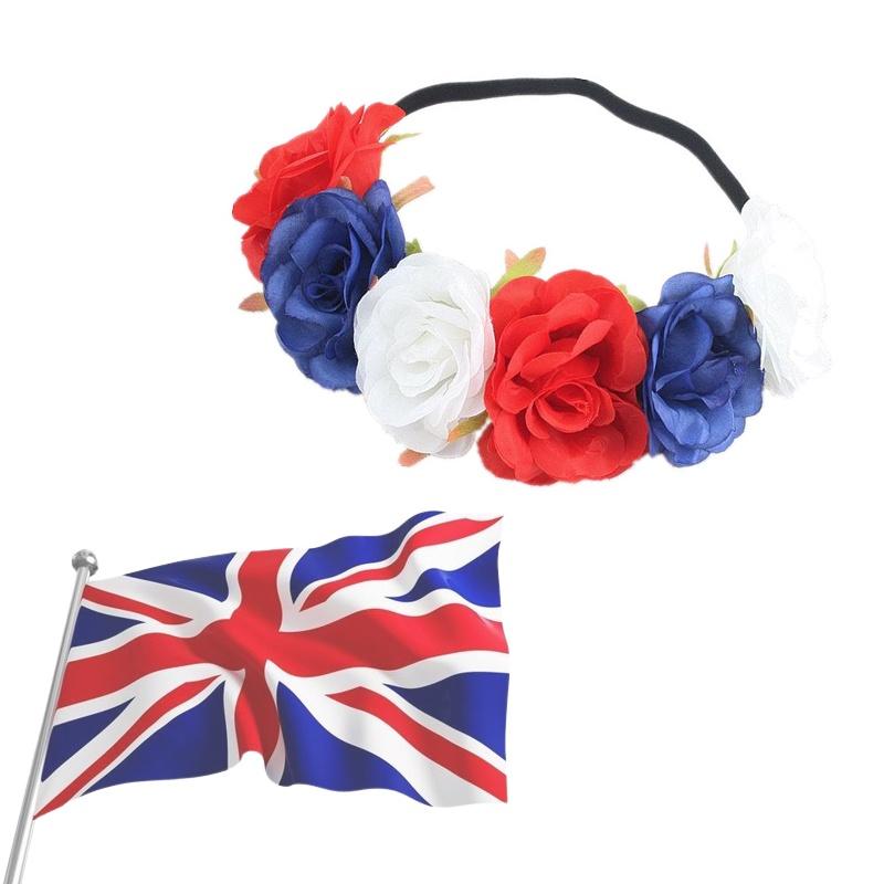 Красно-бело-синий венок из цветов на голову для торжеств, посвященных Юбилею Королевы