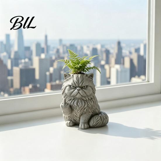 Multifunctional Resin Vase Funny Cat Planter, Middle Finger Kitty Flower Pot, Stone-Finish Garden Statue Frowning Plant Pot for Succulents,