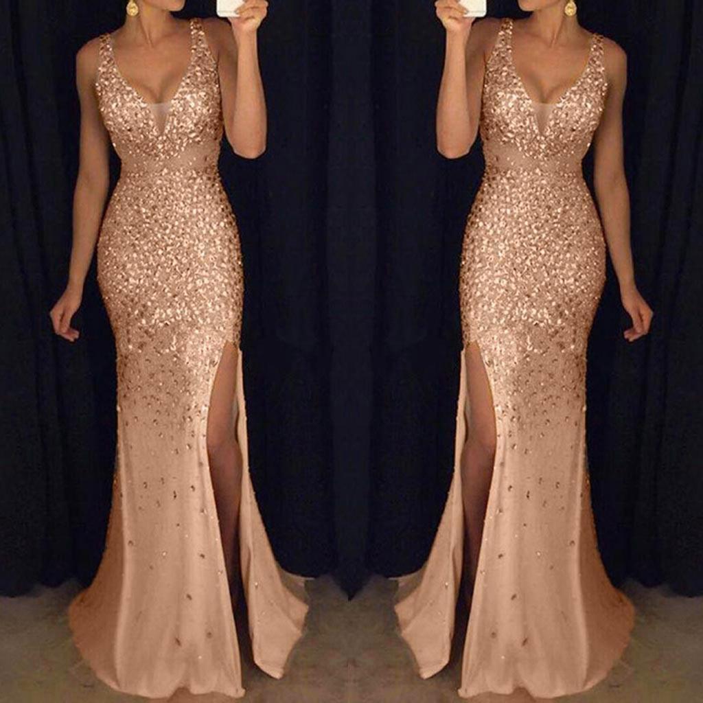 High Slit Dress Women Sequin Prom Party Elegant Lady Backless Sexy Dress Ladies Gold Elegant Bridesmaid V Neck Long Dress