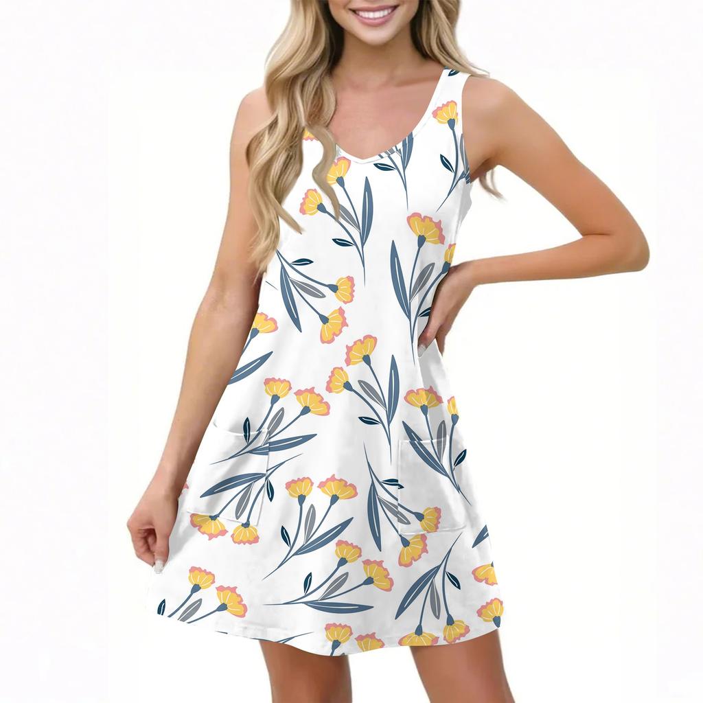 Женское повседневное летнее платье-жилет с карманами, цветочным принтом, V-образным вырезом, без рукавов