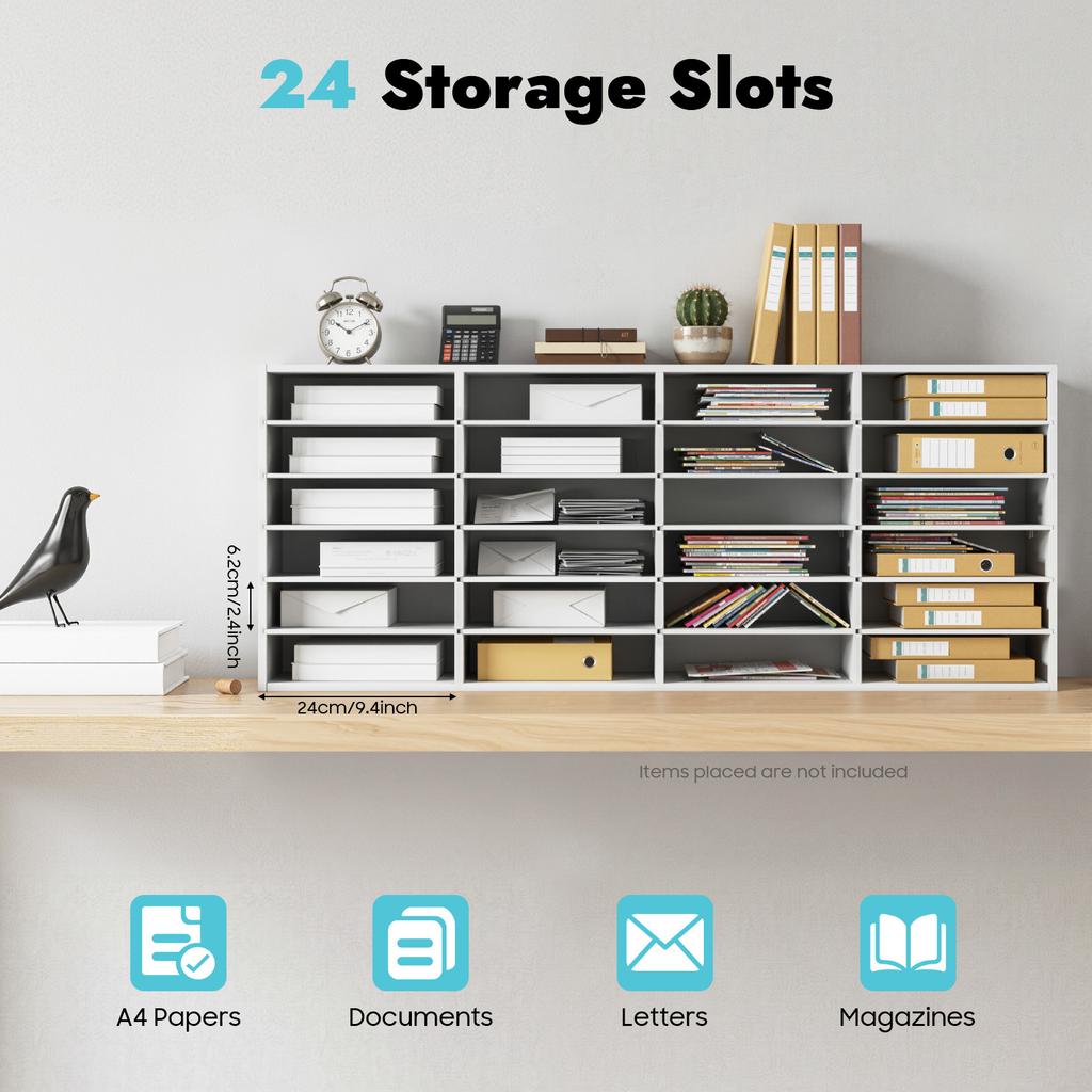 24-Slot Mail Sorter Organizer, White PVC Desktop File Sorter with Adjustable Shelves 6-Tier Stackable Document Holder for Office & Home