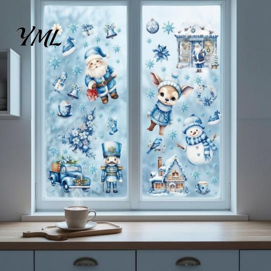 Holiday Glass Decals 9Pcs Christmas Window Clings, Blue Santa Snowman Reindeer Static Stickers, Glue Free Reusable Double Sided Xmas Decorations