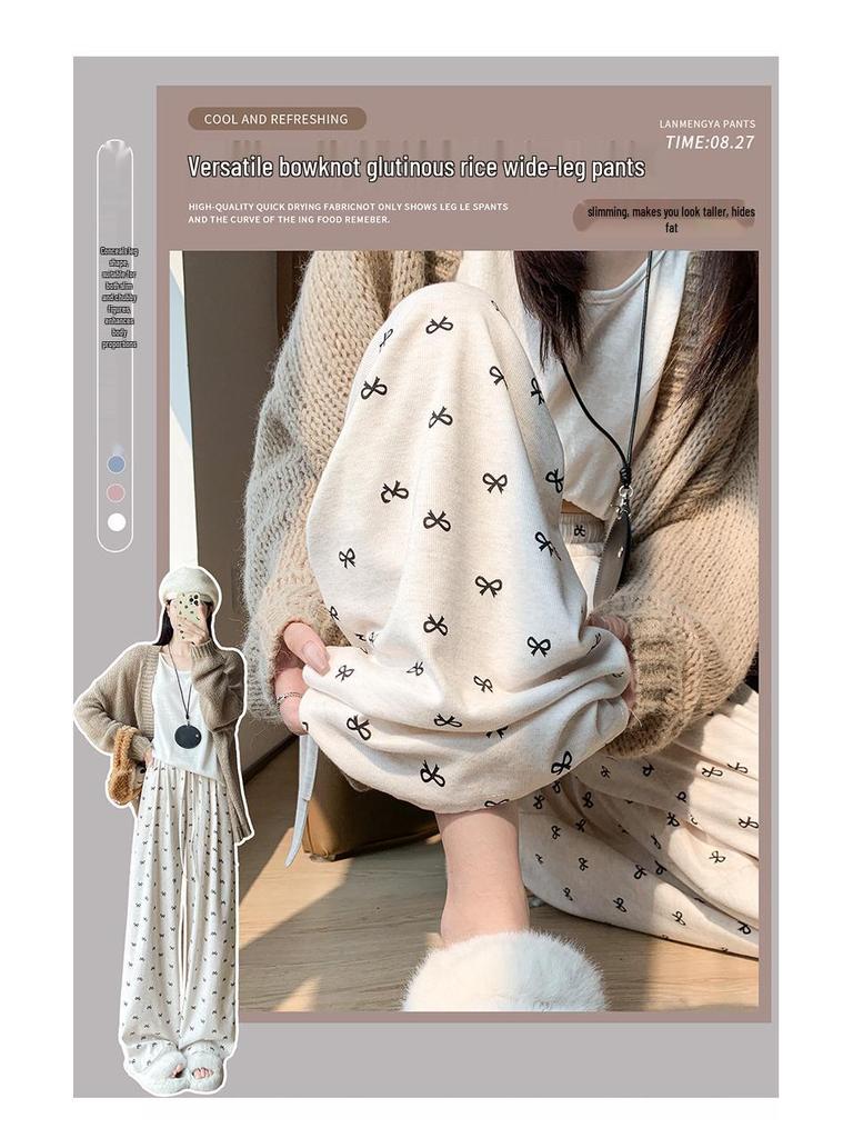 2025 Women's Bowknot Sticky Rice Wide-Leg Pants, Casual Drapey Fit for Spring & Autumn