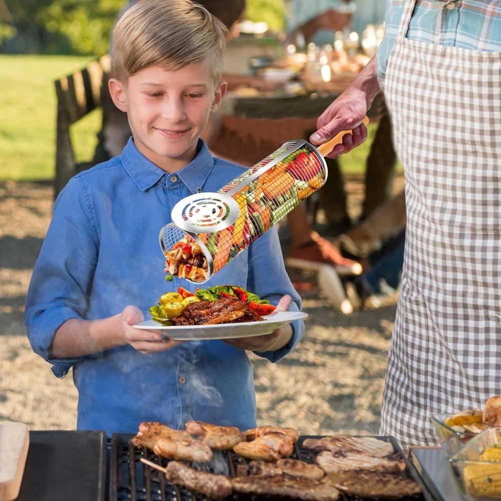 Вкладываемые корзины для гриля 304 Нержавеющая сталь Вращающаяся сетка для гриля Съемная деревянная ручка Аксессуары и инструменты для барбекю