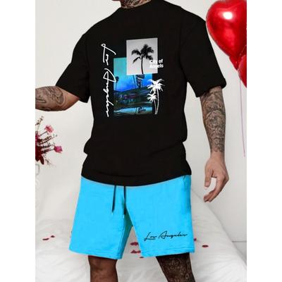 Мужская повседневная одежда из 2 предметов, футболка с круглым вырезом и рисунком пальмы, однотонный модный комплект на шнурке для повседневных занятий спортом и отдыха