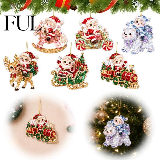 Small Christmas Party Prize Cartoon Santa Claus Acrylic Ornament, Double Sided Printed Reindeer Ornament Sleigh Decorative Hanging Pendant,