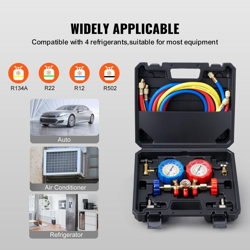 3-Way AC Diagnostic Manifold Gauge Set Fits for R134A, R22, R12, R502 Refrigerant, AC Gauge Set with 5 ft Hoses, Couplers, Can Tap for Car A/C System