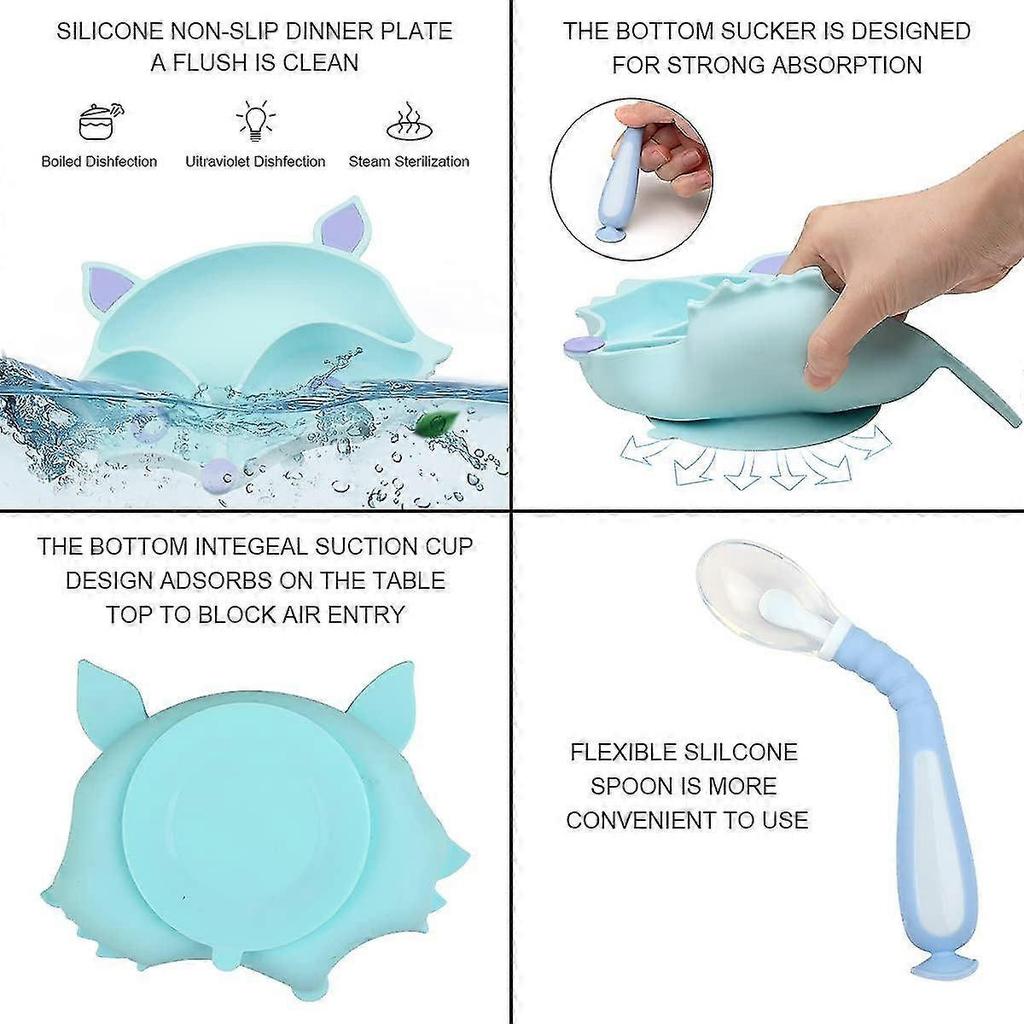 Silicone Baby Plate Suction Cup Non-slip Baby Plate Bpa Free With Spoons For Kids Dishwasher Safe Microwave Placemat High Chair (blue)