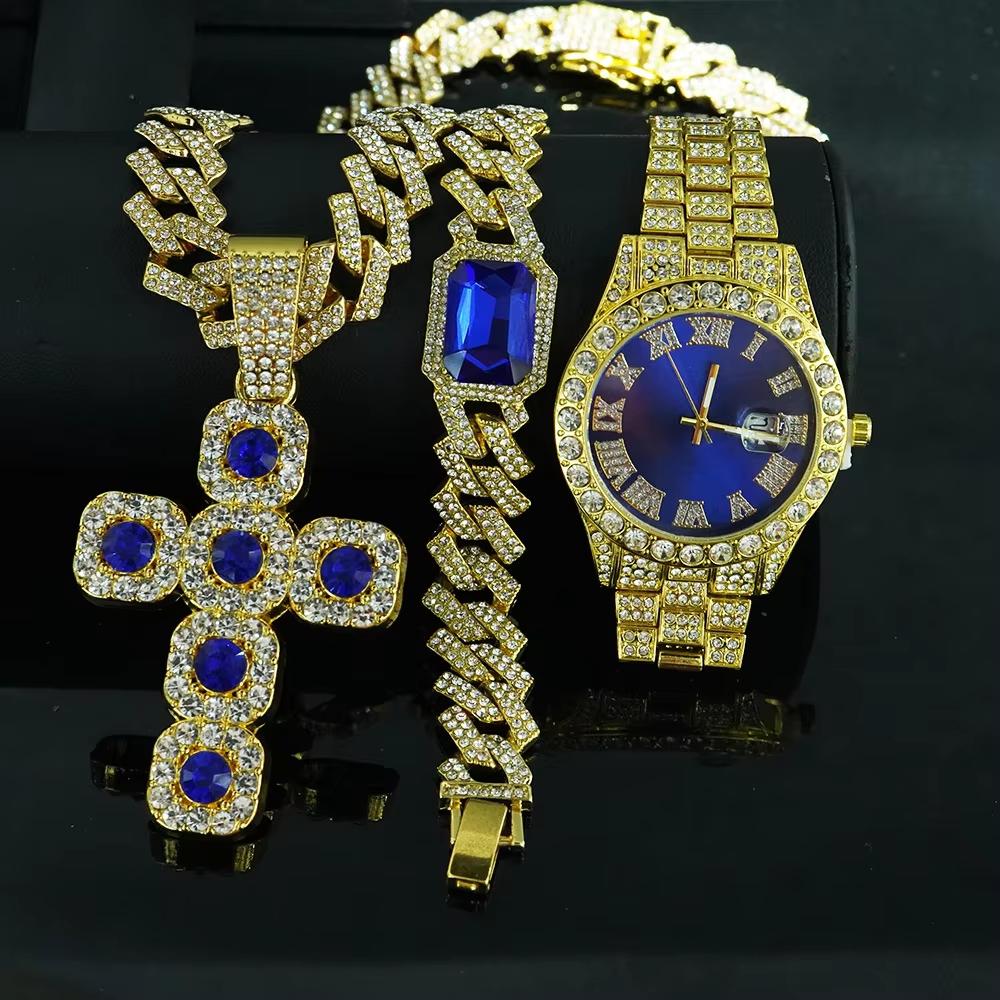 Luxury Hip-Hop Unisex Bling Quartz Rhinestone Iced Cross Pendant Necklace & Bracelet Watch Gift Set Pointer Dial Lightweight