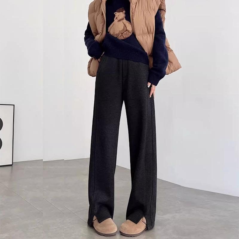 Женские брюки из толстого флиса в рубчик, зимние новые, с высокой посадкой, облегающие, с разрезом, маленького размера, шерстяные брюки широкого кроя