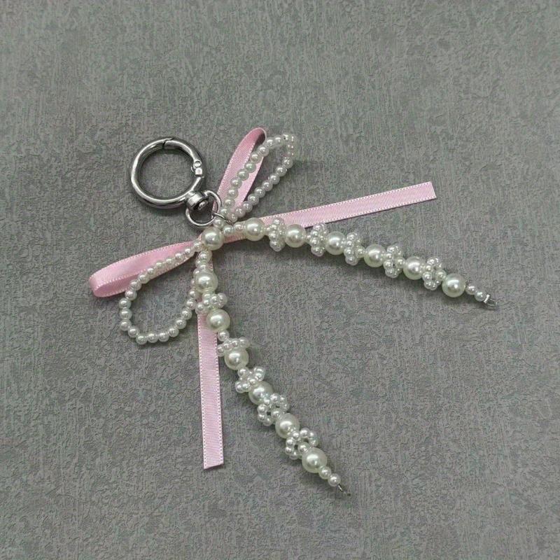 Women Girls Keychains Rings Holders Pearls Silk Ribbon Sweet Y2K Bag Pendants Creative