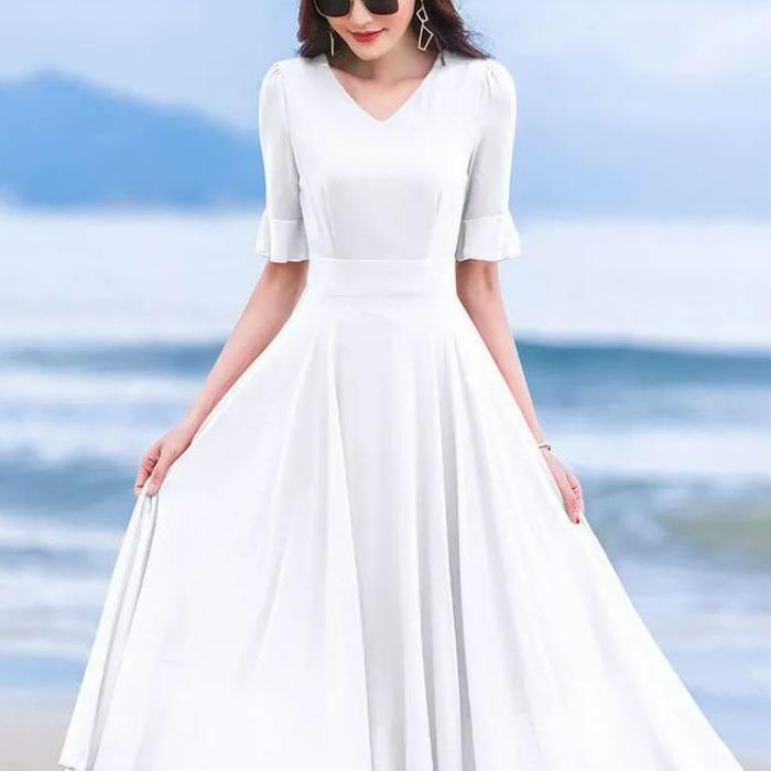 Летняя мода Новое корейское простое элегантное шифоновое платье средней длины Однотонное V-образный вырез Талия Молния Пэчворк Платья с рукавами-бабочками