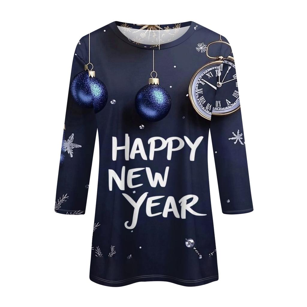 Женская мода повседневная новогодняя принтованная круглая горловина с рукавом три четверти топ Новый год 2025