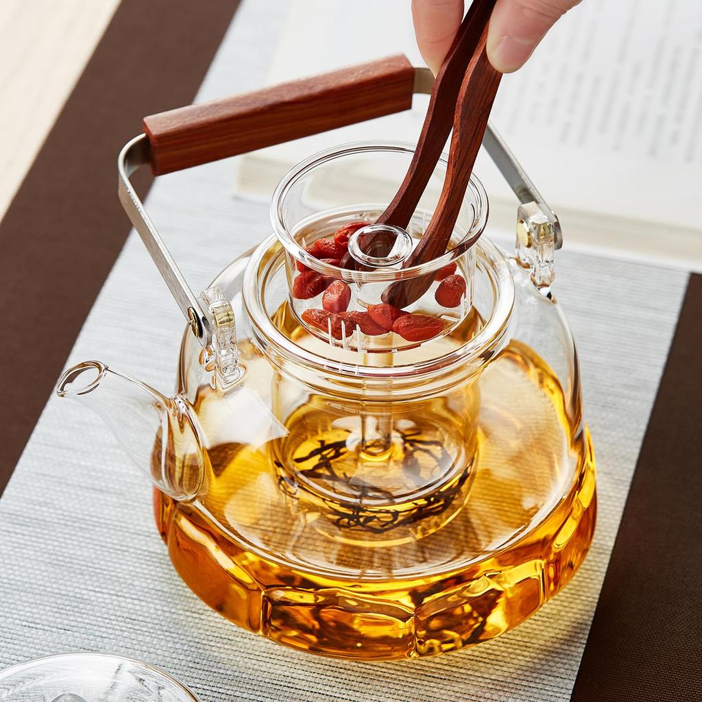 Pokaro Tea Heat-Resistant Glass Teapot, 1060ml, Integrated Steamer, Tea Strainer, Lotus-Shaped Glass Bottom, Clear Design, Wooden Handle, Perfect for