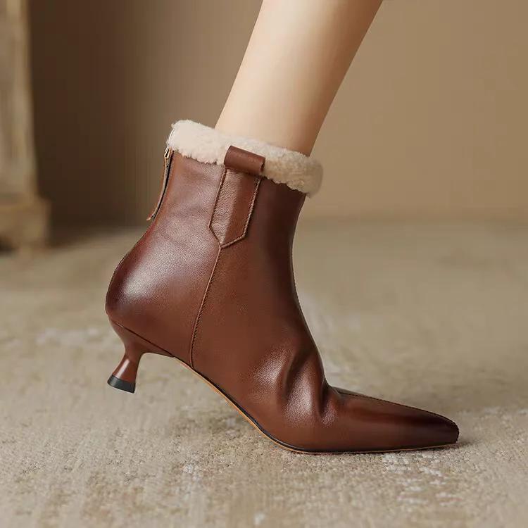 Женские меховые ботильоны с острым носком, модные кожаные теплые плюшевые туфли на среднем каблуке, женский бренд, зима 2025, тренд, уютные ботинки Mujer