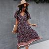 Spring Summer Bohemian Print Dress Women Short Sleeve V Neck High Waist S-XL