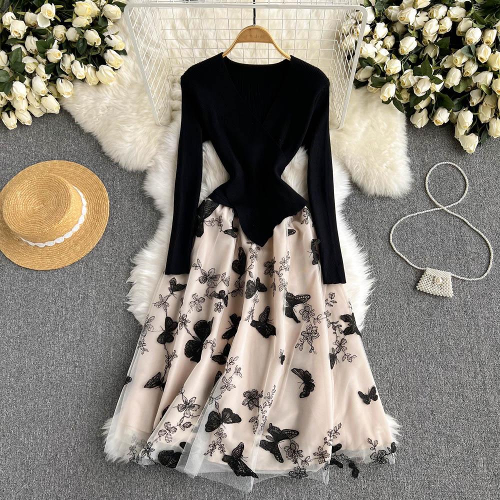 Осень-зима, женский повседневный вязаный свитер, сетчатые лоскутные платья, винтажное вечернее платье миди из тюля с v-образным вырезом и вышивкой-бабочкой