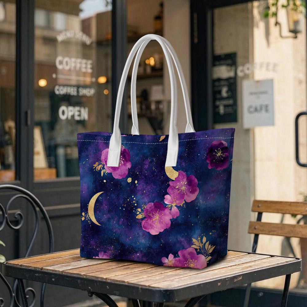 Purple Floral Moon Pattern Casual Tote Bag Fashion Portable Daily Carry Shoulder Bag