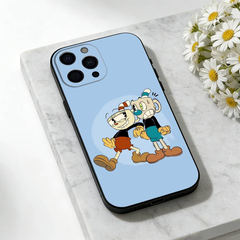 Cute CupHead And MugMan Phone Case For iPhone 17,16,15,14,13,12,11 Plus,Pro Max,SE4Soft Silicone Black Cover