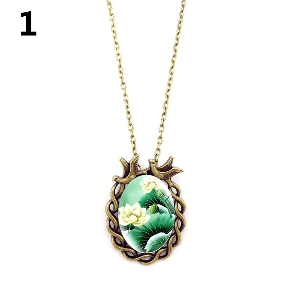 Women Girl Retro Jewelry Elegant Lotus Pattern Gemstone Pendant Necklace for Xmas Birthday Gift