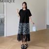 MODIQUE Summer Plus Size Women Loose Versatile A-Line Floral Print Lace Patchwork Pleated Cotton T-Shirt Long Dresses Female Casual O-Neck Dresses