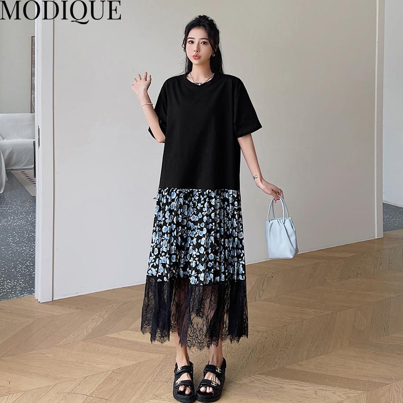 MODIQUE Summer Plus Size Women Loose Versatile A-Line Floral Print Lace Patchwork Pleated Cotton T-Shirt Long Dresses Female Casual O-Neck Dresses