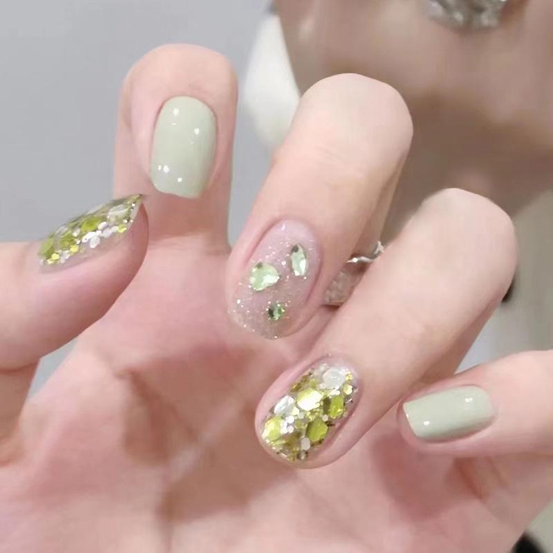 Wearing nail summer fresh milk green flash honeydew melon series nail art pieces green diamond nail art finished wholesale fake nails