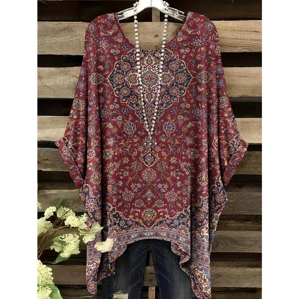 Летняя женская футболка в этническом стиле с принтом, удлиненная спереди, с круглым вырезом, повседневная, удобная, футболка в стиле Y2k, винтажная женская футболка с коротким рукавом