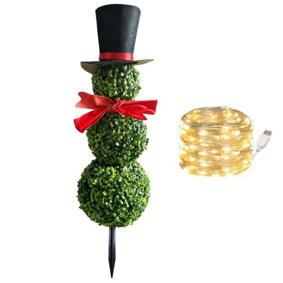 Yousheng Christmas Snowman Topiary Artificial Snowman Shaped Topiary Tree with Bow And Hat Outdoor Boxwood Topiary with Stake for Home Porch Decor