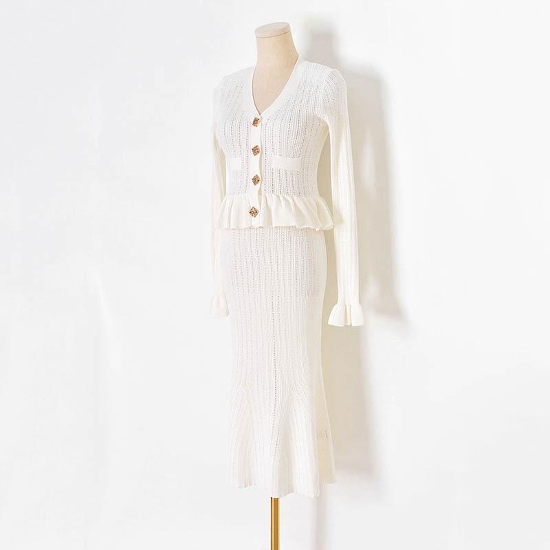 Ruffled Knitted Maxi Dress Women's Solid V-Neck Cutout Party Dress Elegant Patchwork Long Sleeve Female Knitwear Dress