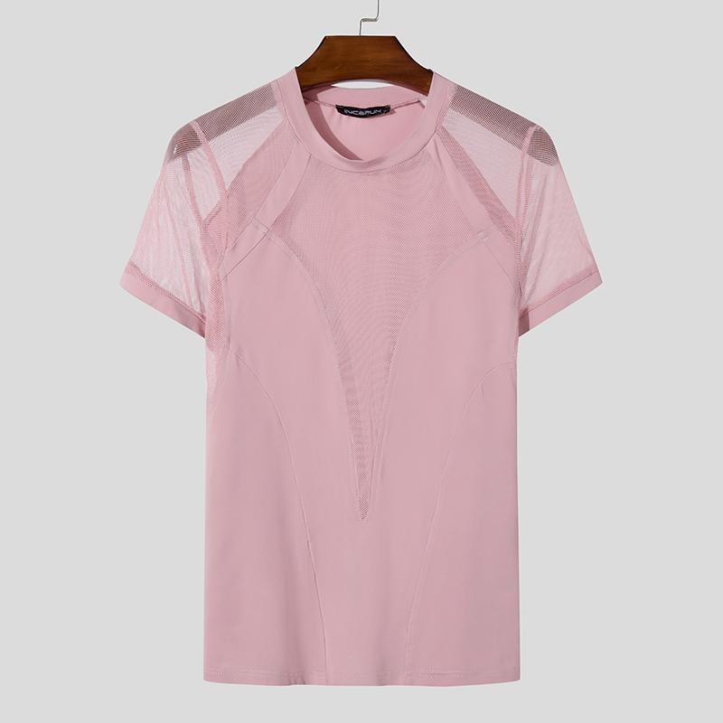 INCERUN Мужская летняя сетчатая футболка с коротким рукавом, лоскутная одежда для вечеринок и клубов