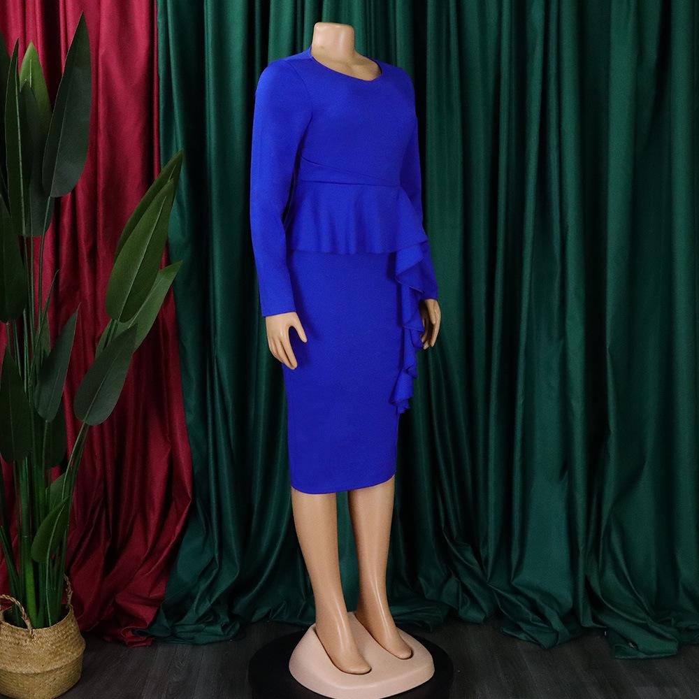 YYFS Women's Fashion Spring Fall Solid Color Print Long Sleeve O-Neck High Waist Casual Dresses