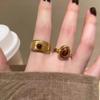 Tiger Eye Stone Ring Flower Shape Retro Golden Index Finger Ring Electroplating Geometric Wide Adjustable Opening Ring Adult Club Party Jewelry
