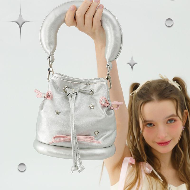 JIAERDI Lolita Style Sweet Cute Donut Bucket Bag Women Silver Harajuku Small Mini Shoulder Purse Ladies Soft Japanese Handbag