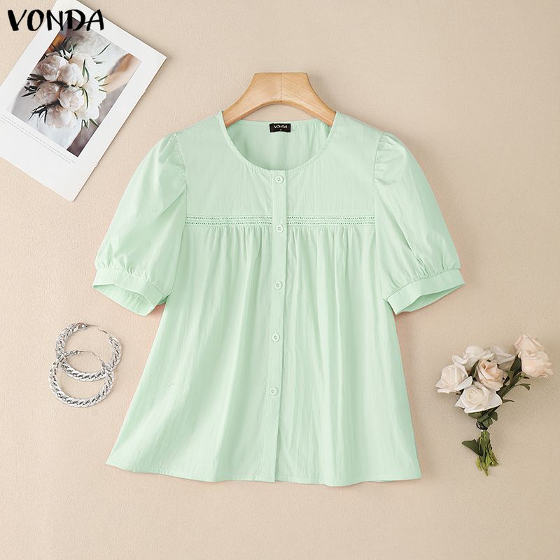 VONDA Wemen Casual Round Neck Puff Sleeve Embroidery Hem Buttons Blouse