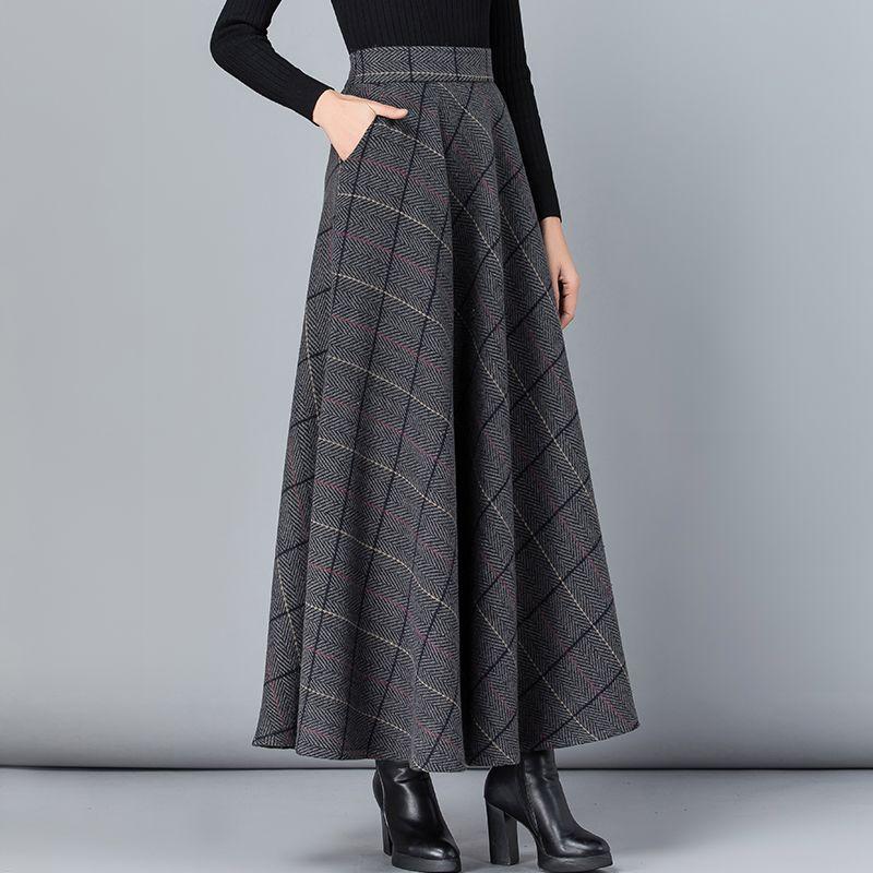New Woolen Plaid Skirt for Women Mid-length Autumn and Winter Slimming High-waisted A-line Skirt Casual Long Skirt