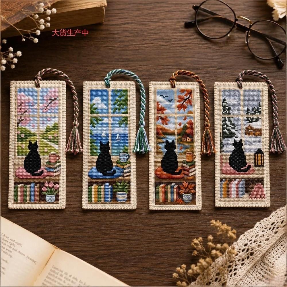 Handcrafted Seasonal Cat Embroidery Bookmark Book Page Marker Material Kit Beginners