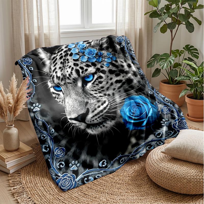 Blue Leopard and Roses blanket Personalized Name Flannel Blanket Soft Cozy Plush Throw for Sofa Bed Lightweight Home Decor