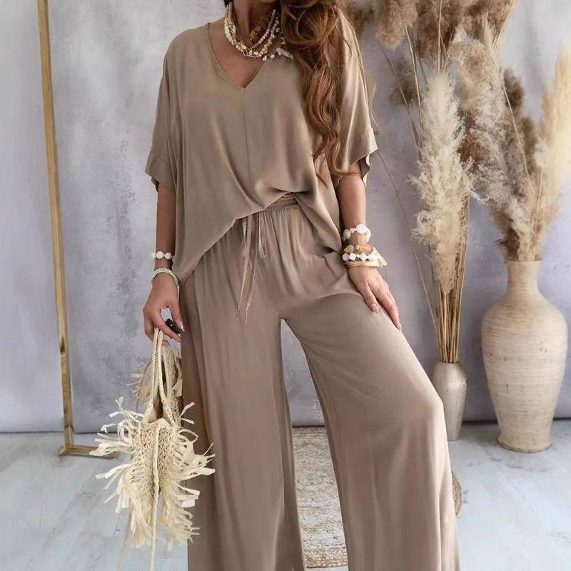 Женский комплект повседневных свободных брюк с V-образным вырезом и рукавом «летучая мышь»