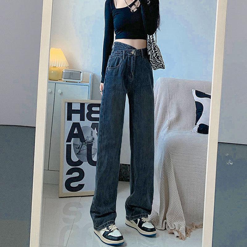 Женские прямые джинсы с высокой талией 2023 года: Нестандартные пуговицы, облегающие, свободный крой, стиль «швабра» на весну