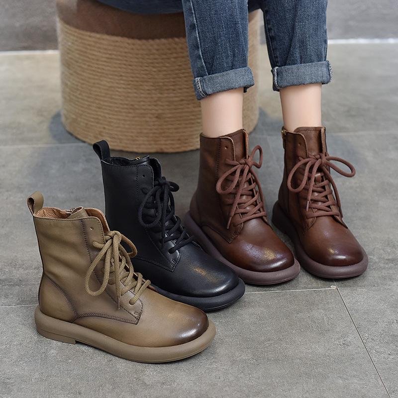 Короткие ботинки из мягкой кожи женские с круглым носком на шнуровке высокие ботинки осень и зима универсальные ботинки Мартин одинарные ботинки женские хлопковые ботинки