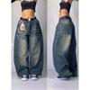 Y2K Jeans Harajuku Hip Hop Retro Skull Graphic Embroidered Baggy Jeans Denim Pants Women Goth High Waist Wide Trousers