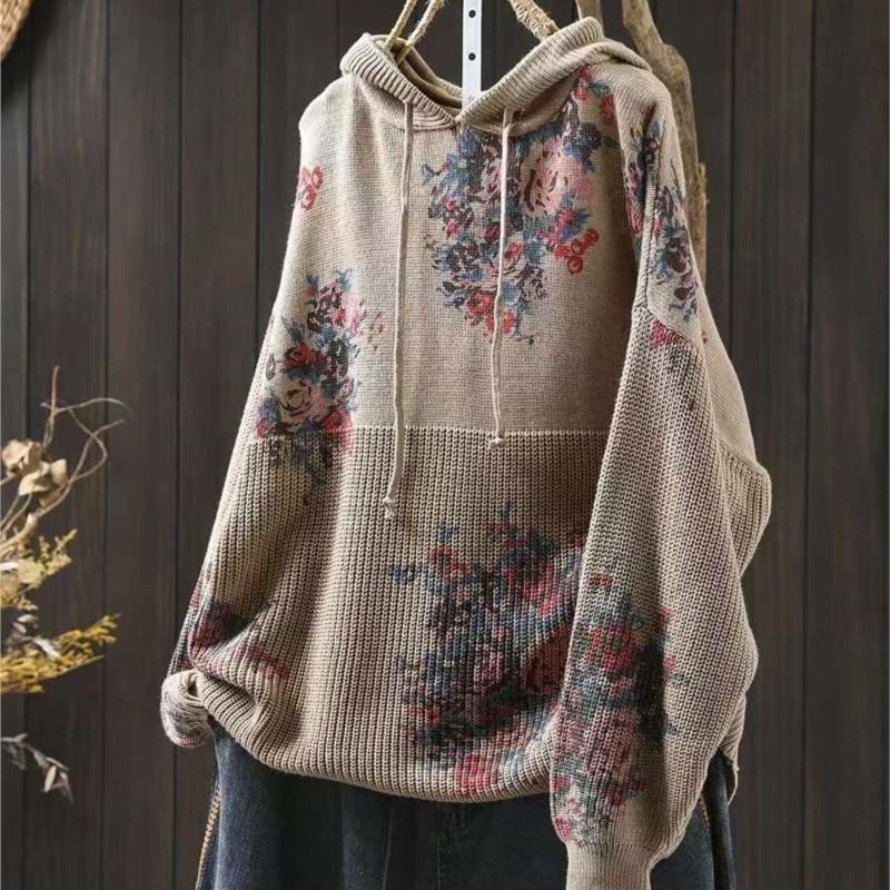 Johnature Женские винтажные вязаные свитера с капюшоном, принтованные цветочные ткани, весенние свободные мягкие свитера с длинным рукавом