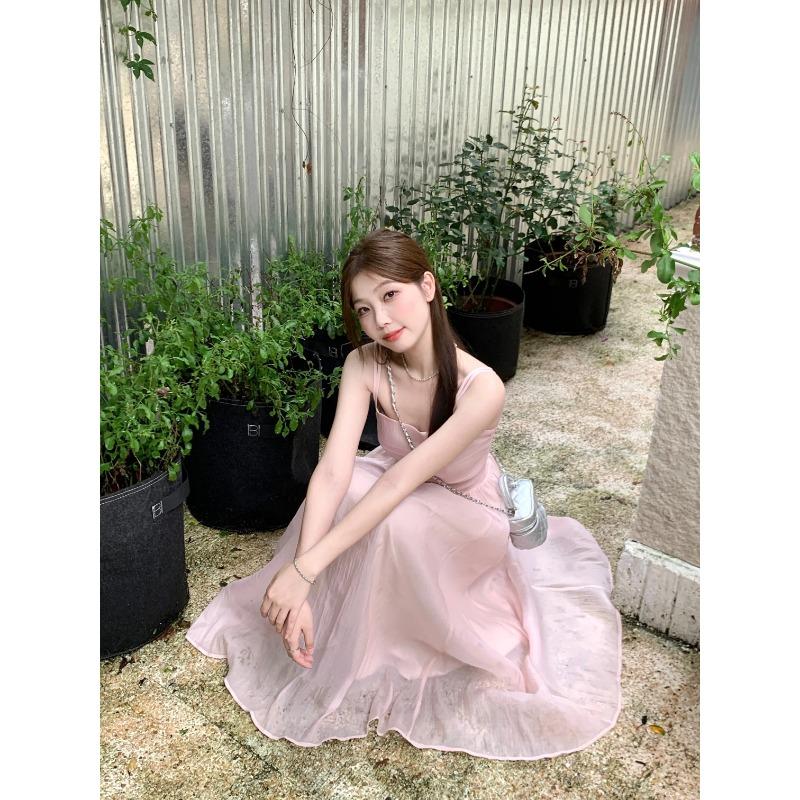 Sweet Fairy Style Party Midi Dress Women Summer New Date High Sense Slimming Pink Clothing Female Gentle Princess Strap Dress