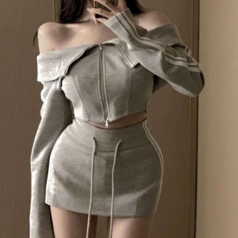 Чистый цвет, комплект из 2 предметов, женские сексуальные облегающие толстовки с длинными рукавами, топы + повседневная спортивная мини-юбка с высокой талией, осень 2023 г.