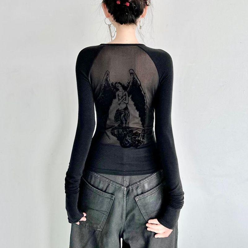 Готика 90-х годов Винтаж E-girl Эмо Одежда Длинные рукава Корсет Укороченные топы Женские Эстетические Черные Футболки Harajuku Панк Уличная одежда Y2K